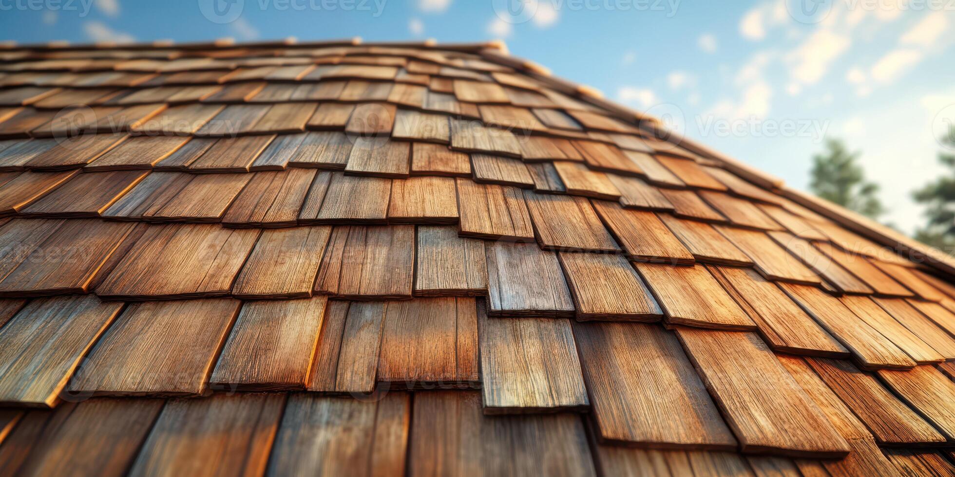Sunlight glimmers on the wooden shingles of a rooftop under a clear blue sky in the late afternoon photo