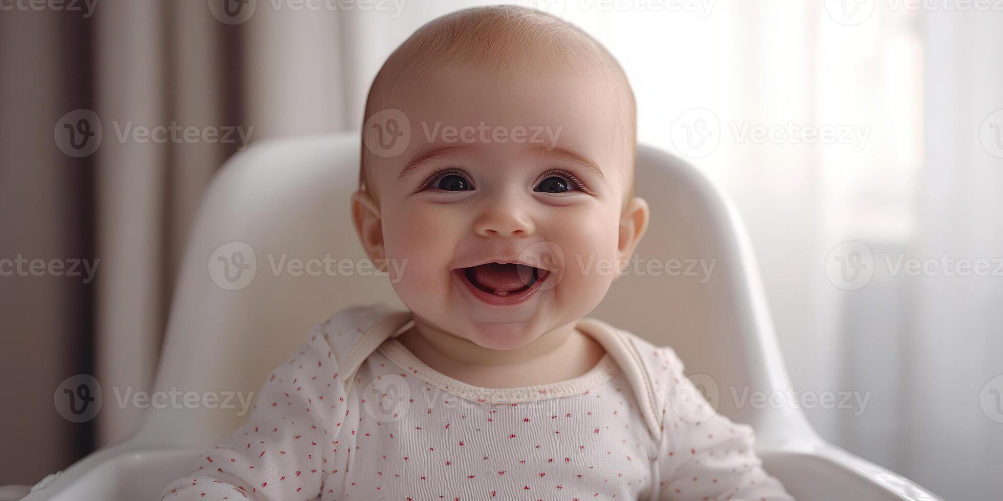 Smiling baby in high chair enjoying playful moment at home during daytime photo