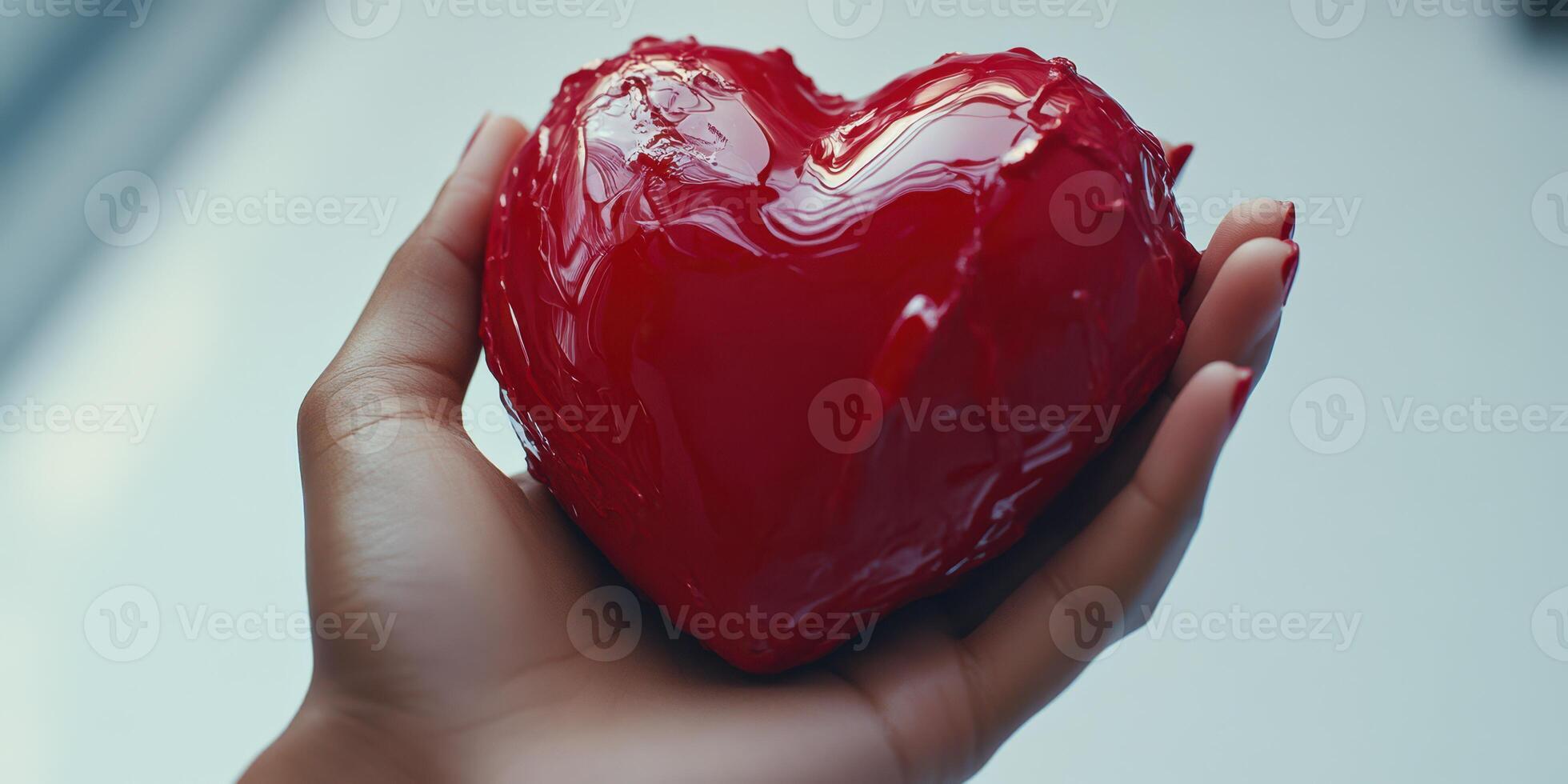 Heart-shaped red jelly held in a hand on a light background showcasing love and creativity photo