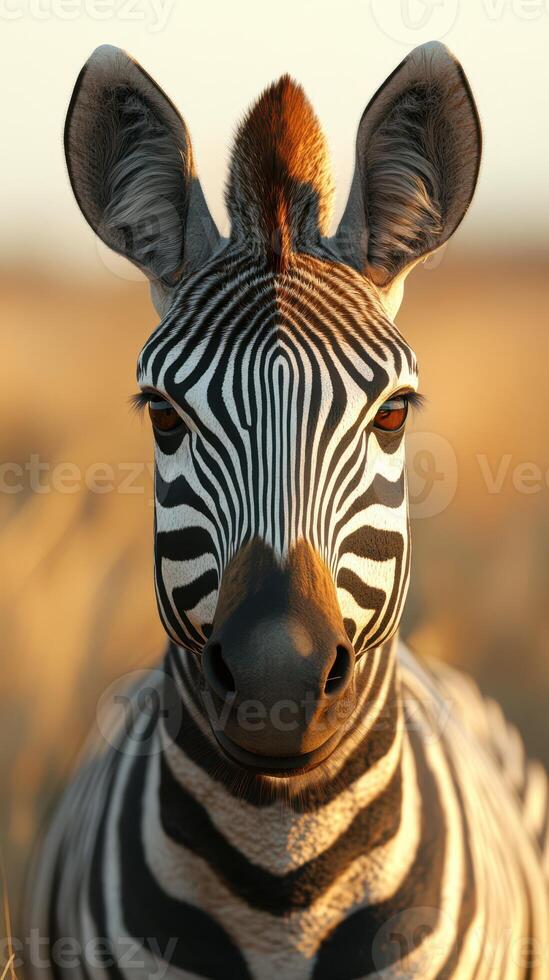 Zebra stands majestically in golden grasslands during sunset in a serene African landscape photo