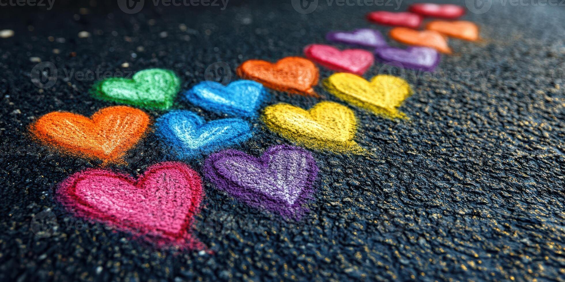 Colorful chalk hearts on pavement create a cheerful and vibrant street art display during daylight hours photo