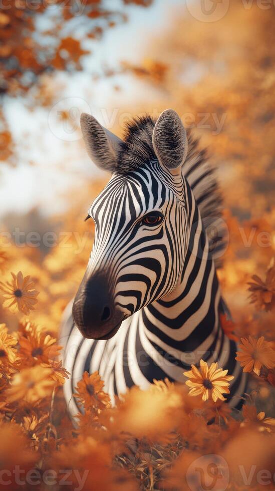 Zebra among vibrant orange flowers in a sunny landscape during autumn photo