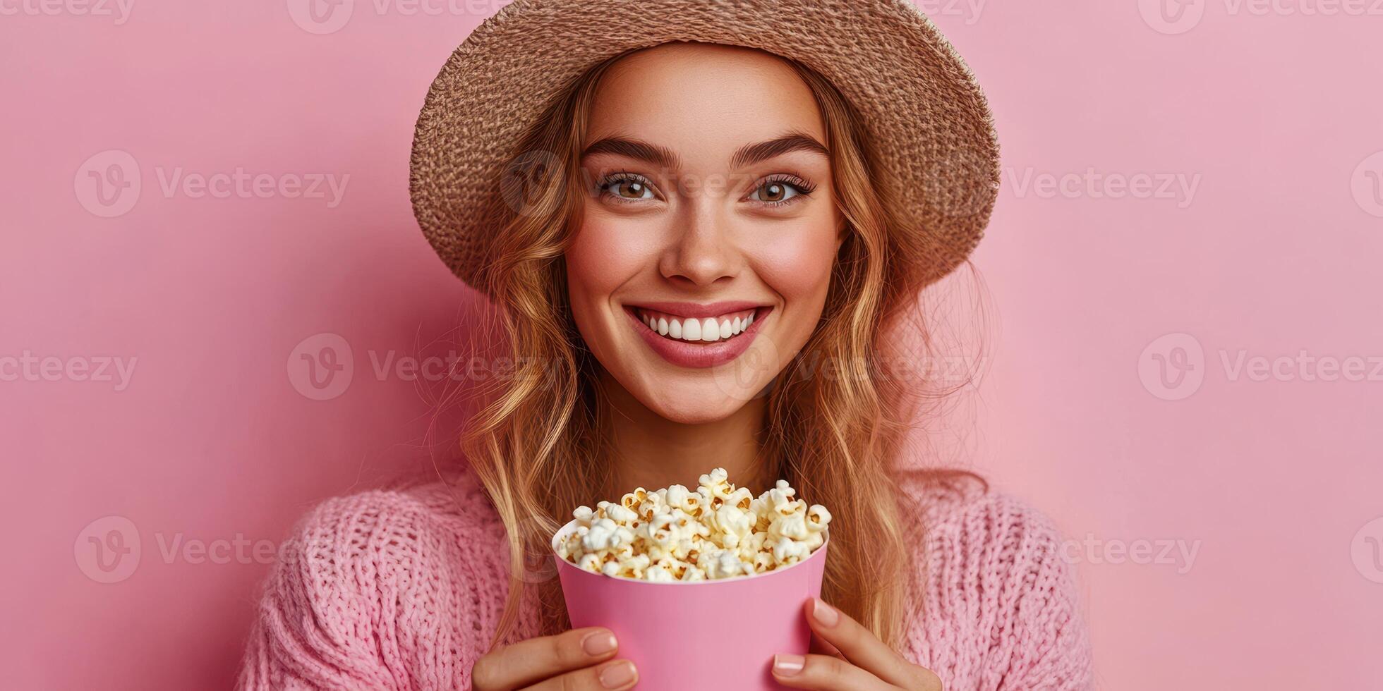 Young woman enjoying popcorn while smiling against a pink background in a casual setting of joy and relaxation photo