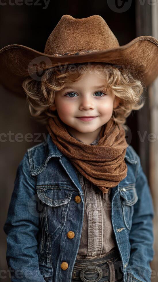 Young cowboy with curly hair wearing a brown hat and denim jacket stands proudly in a rustic setting during golden hour photo