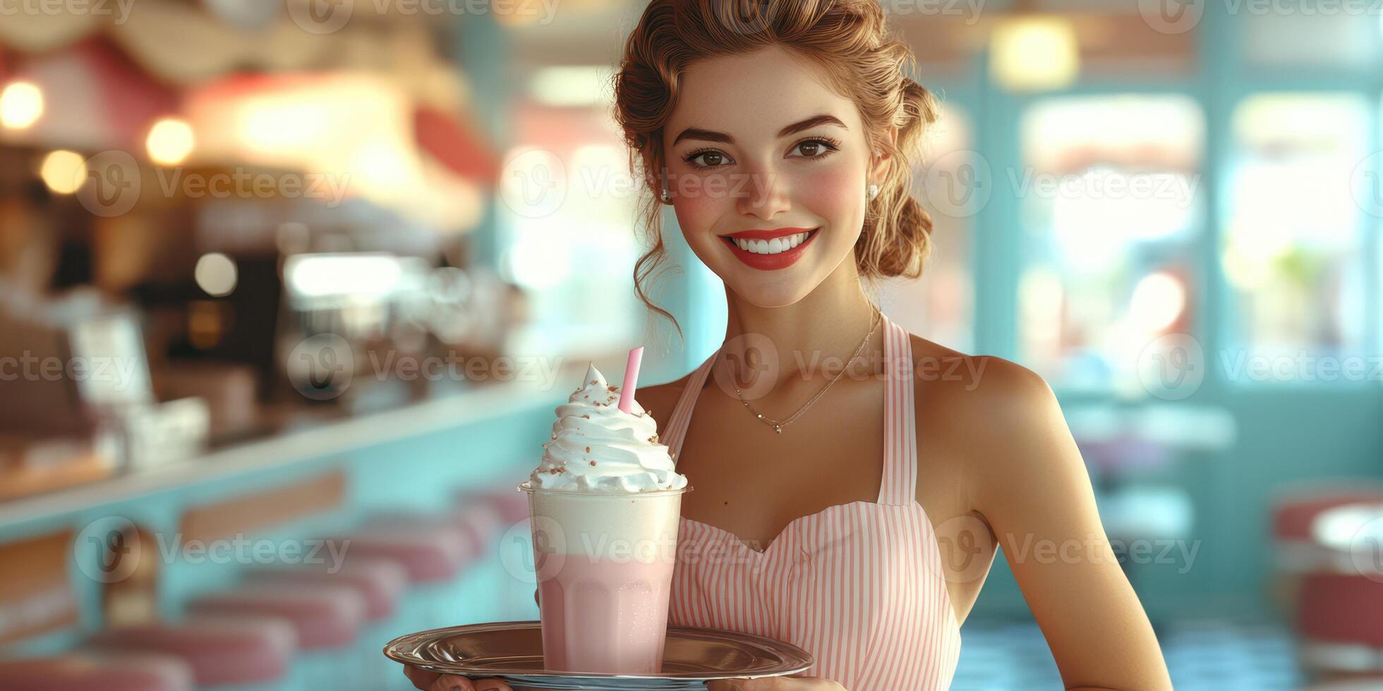 Serving a delicious milkshake in a retro diner during a sunny afternoon in a vibrant setting photo