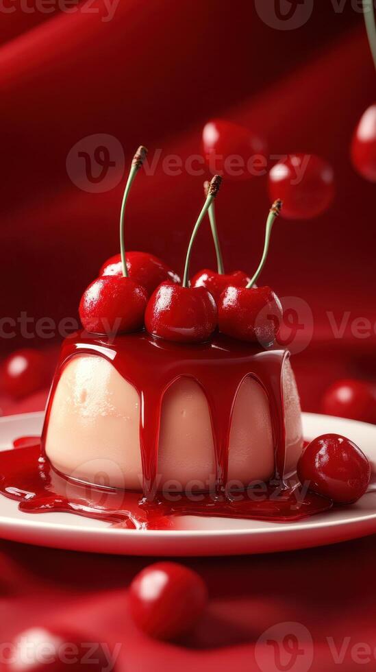 Delicious dessert with glossy cherry topping on a vibrant red fabric backdrop photo