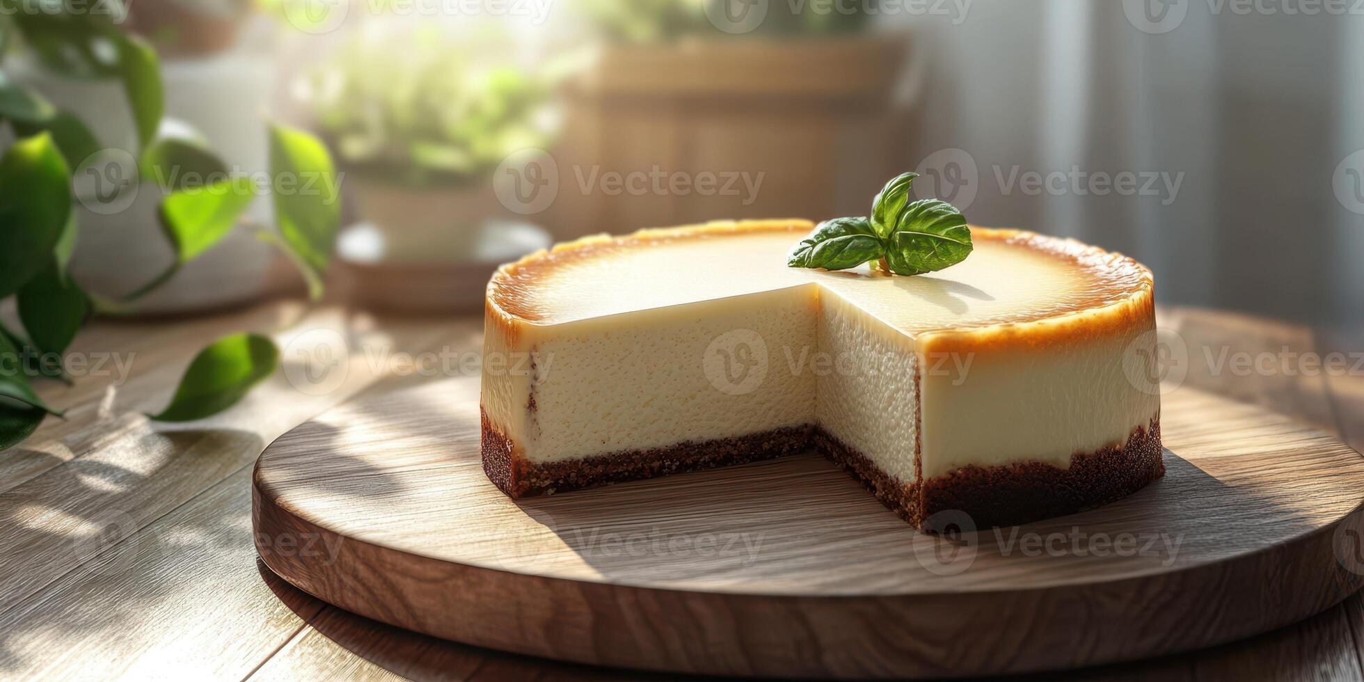 Delicious cheesecake topped with a mint leaf on a wooden table in a sunlit kitchen photo