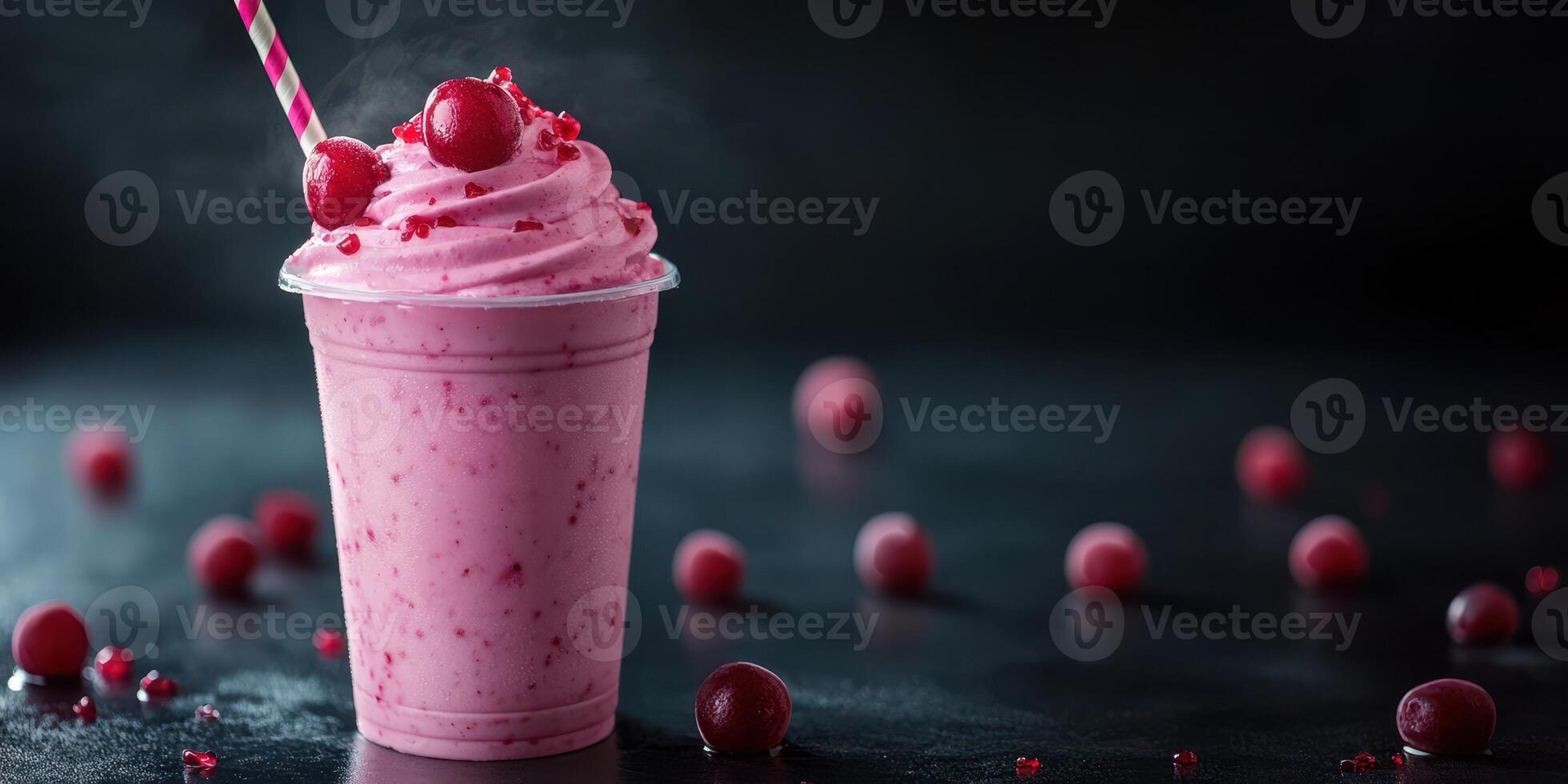 Refreshing pink smoothie in a clear cup with whipped cream and garnished with red berries on a dark background photo