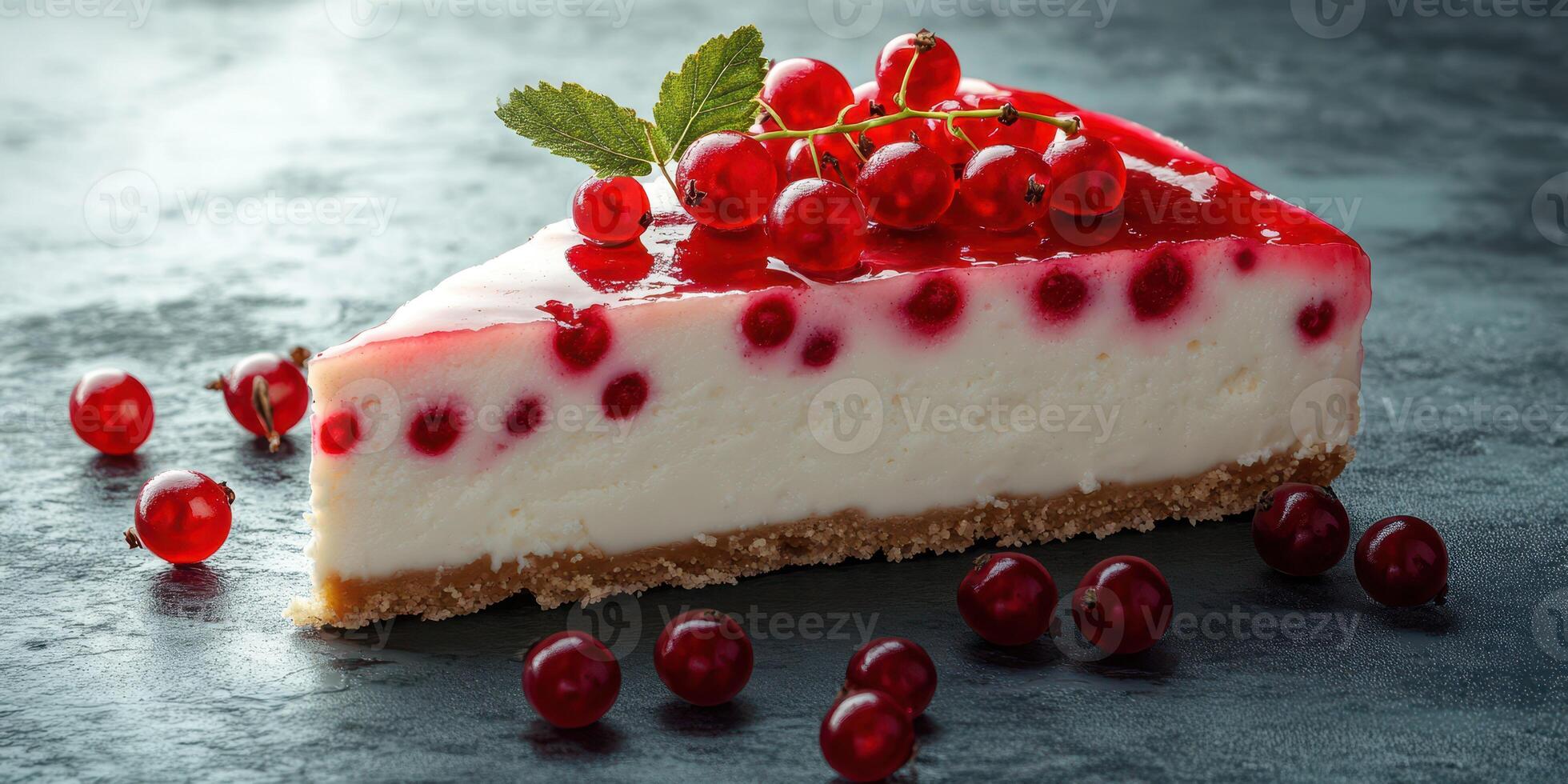 Slice of creamy cheesecake topped with red currants on a dark stone surface photo