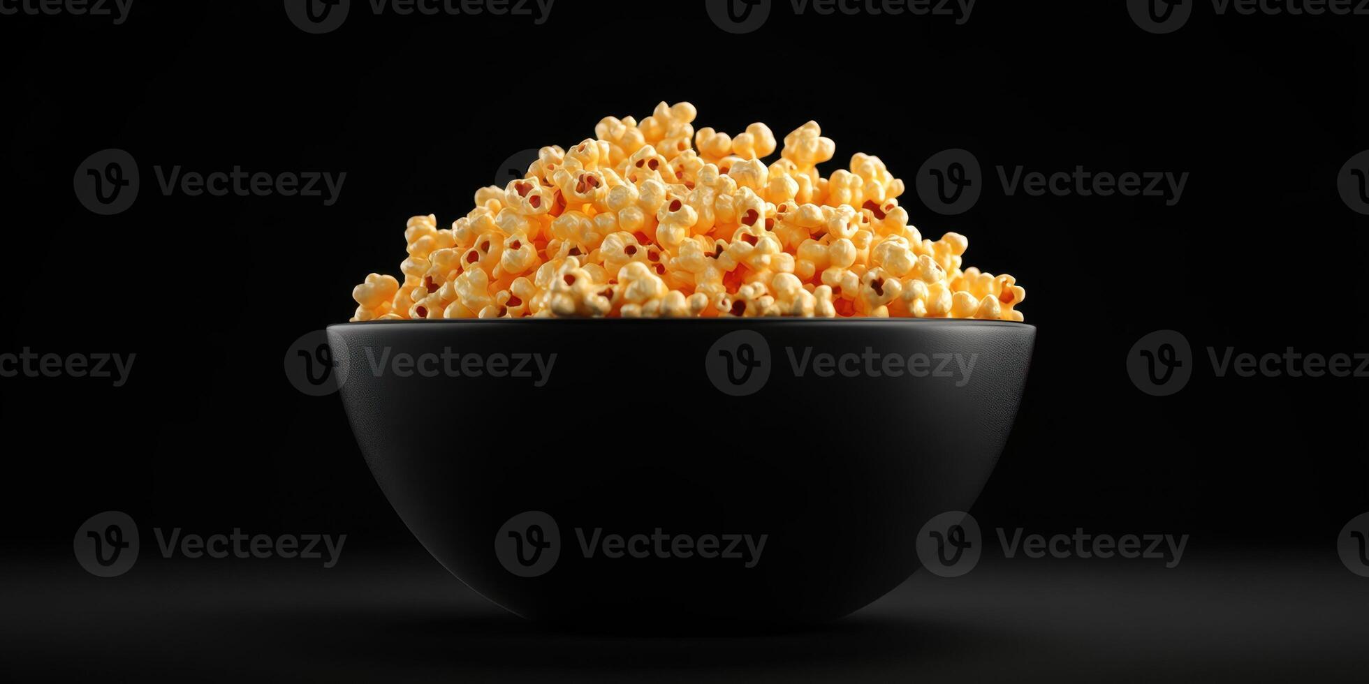 Freshly popped popcorn in a black bowl against a dark background ready for a movie night photo