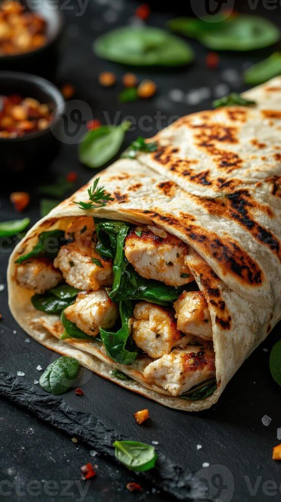 Delicious grilled chicken wrap with fresh spinach served on a rustic slate background at a casual dining setting photo