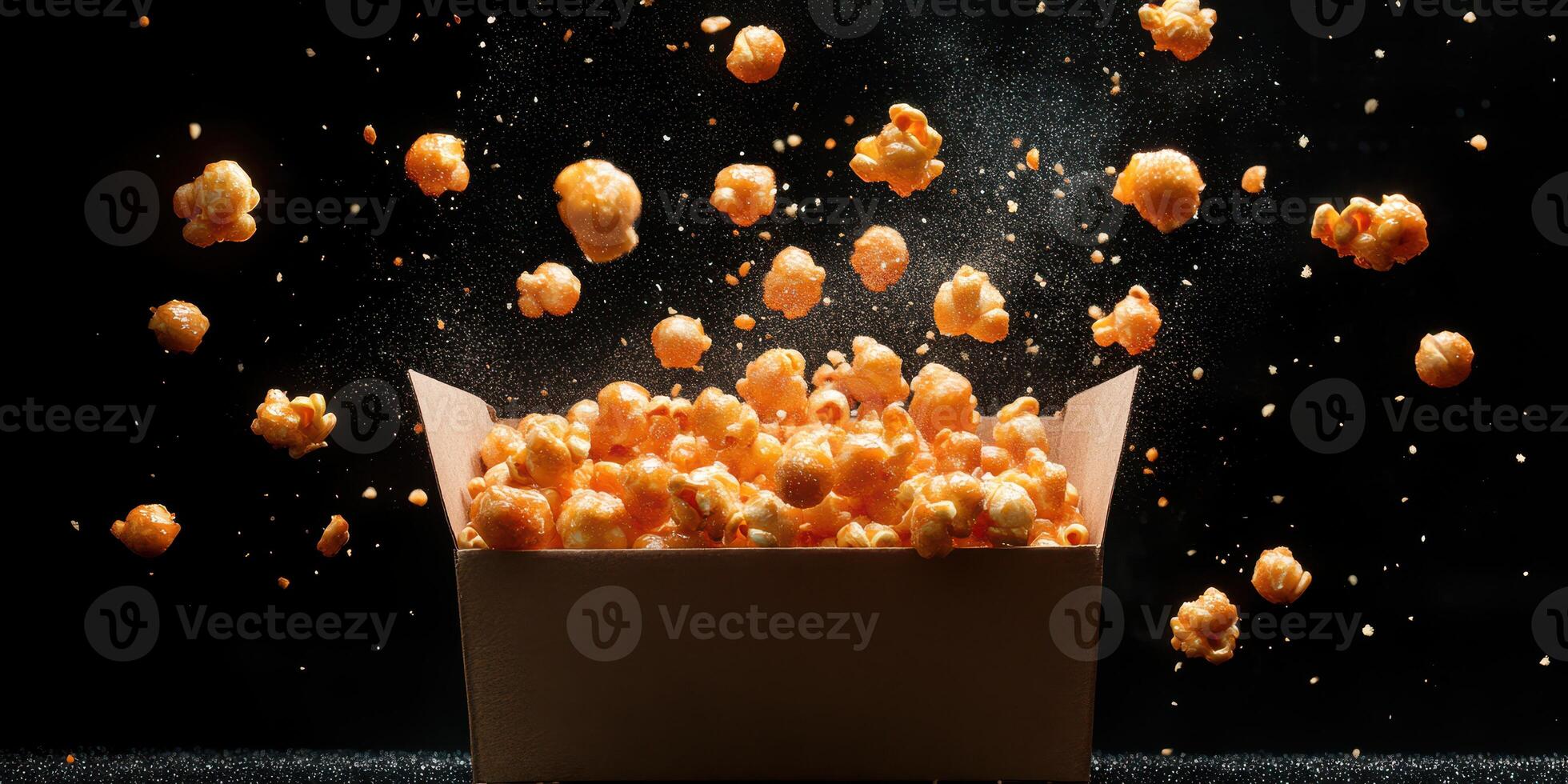 Popcorn spills from a box creating a dramatic and playful moment in the air with an elegant black backdrop photo