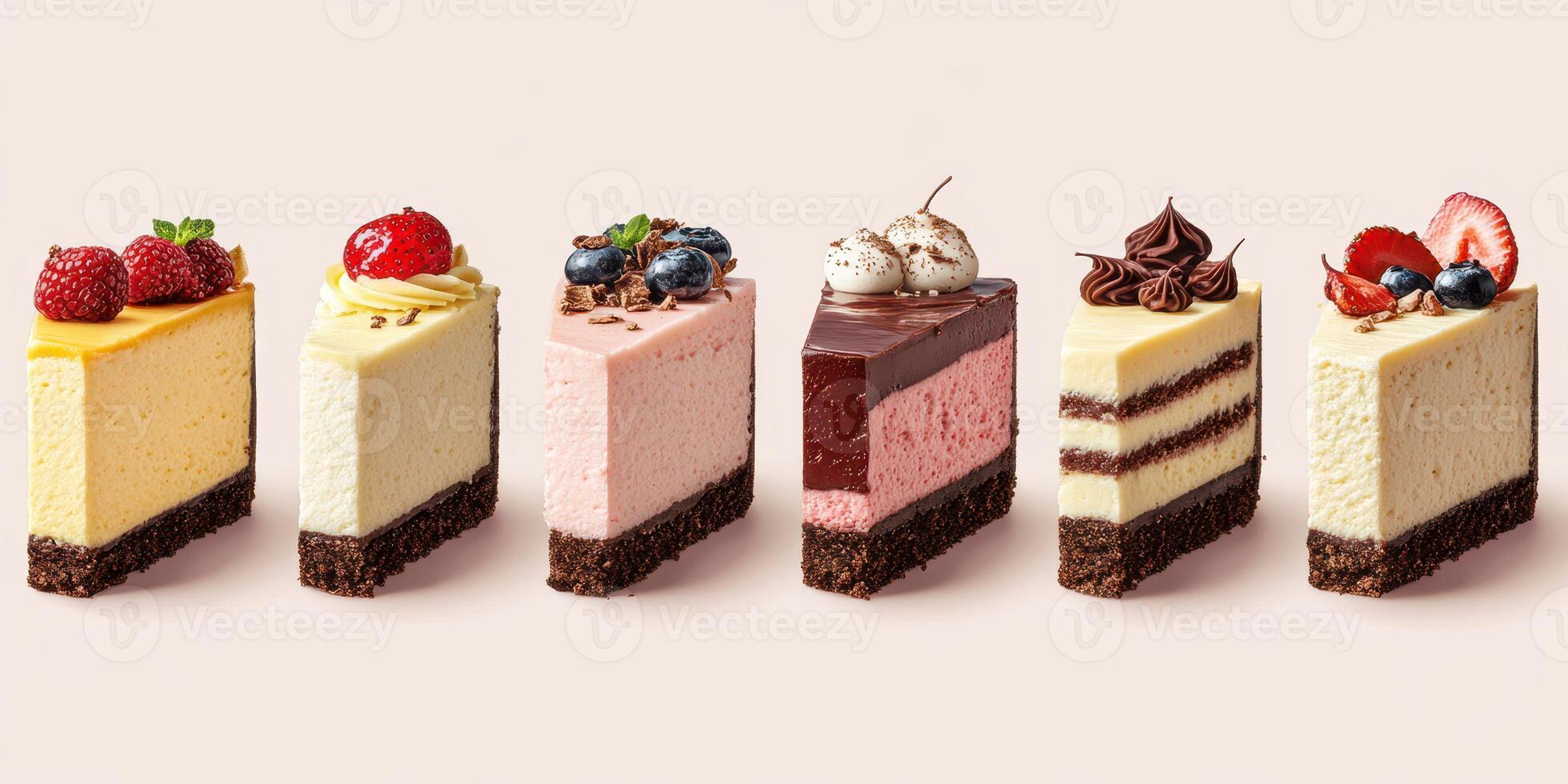 Various colorful cheesecake slices displayed on a light background at a dessert showcase event photo