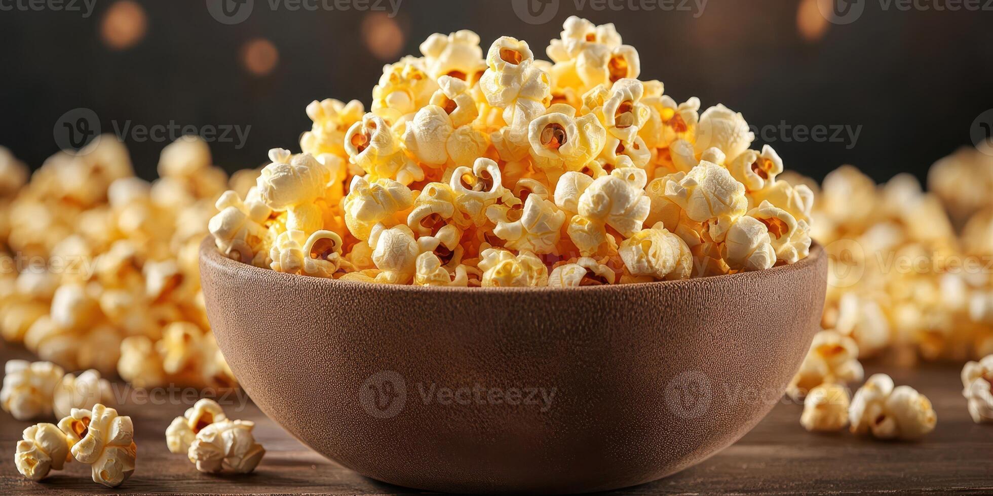 Delicious bowl of freshly popped popcorn surrounded by scattered kernels on a rustic wooden table photo