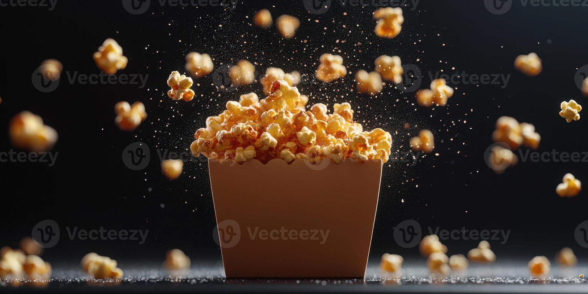 Popcorn bursts into the air from a brown container in a dark setting creating an exciting atmosphere photo