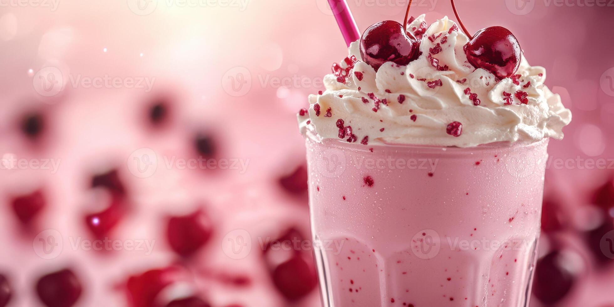 Delicious cherry milkshake topped with whipped cream and cherries served in a glass on a pink background photo