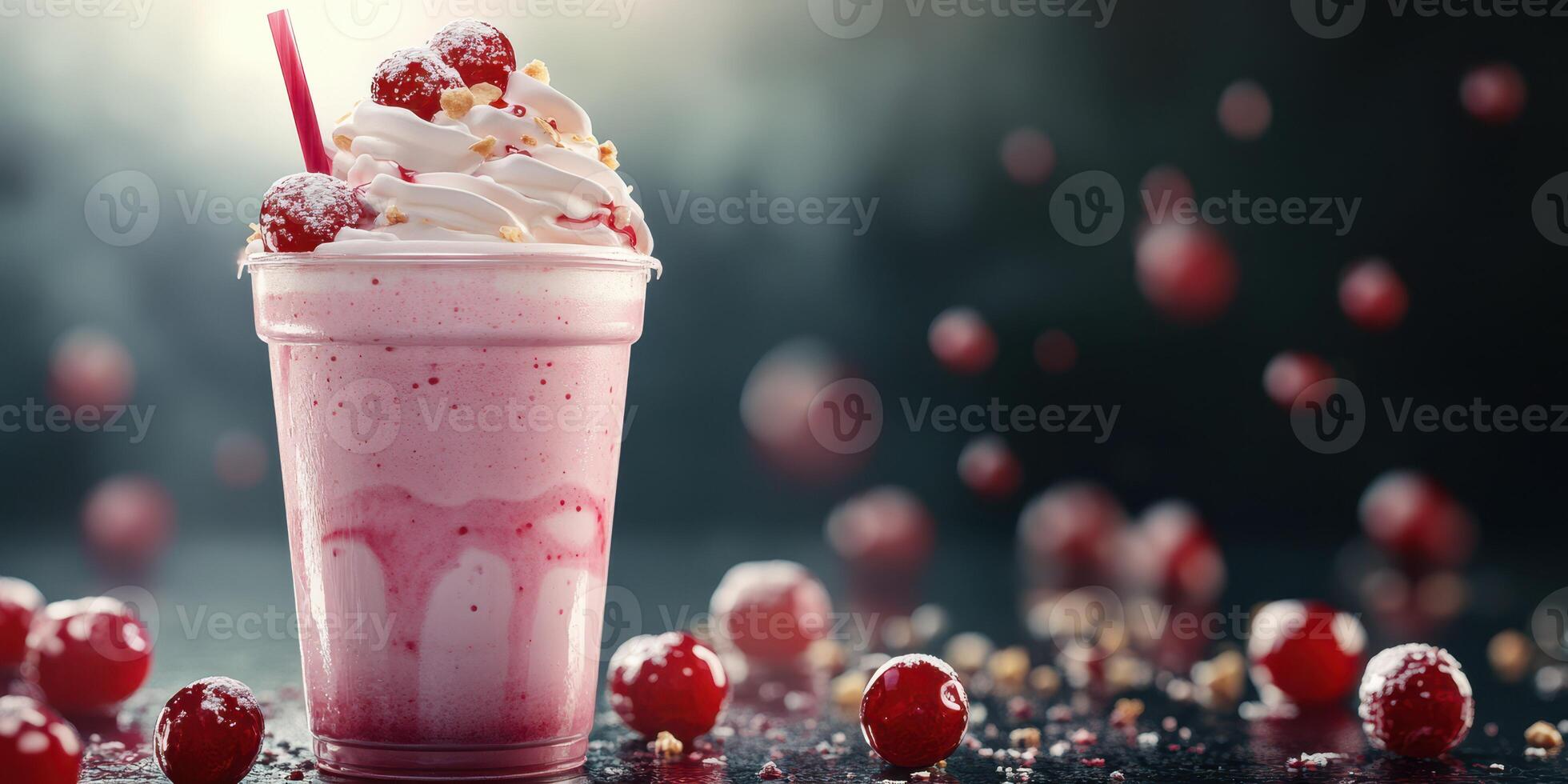 Creamy raspberry milkshake with whipped cream and cherries on a dark background photo