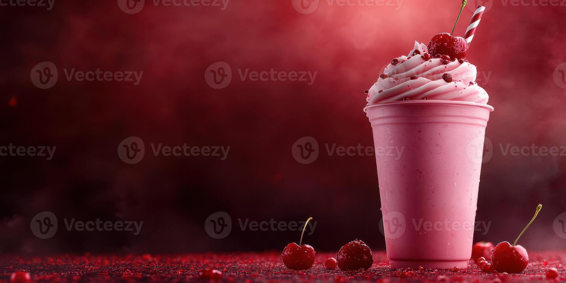 Creamy pink milkshake topped with cherries and whipped cream in a dark setting with a red hue photo
