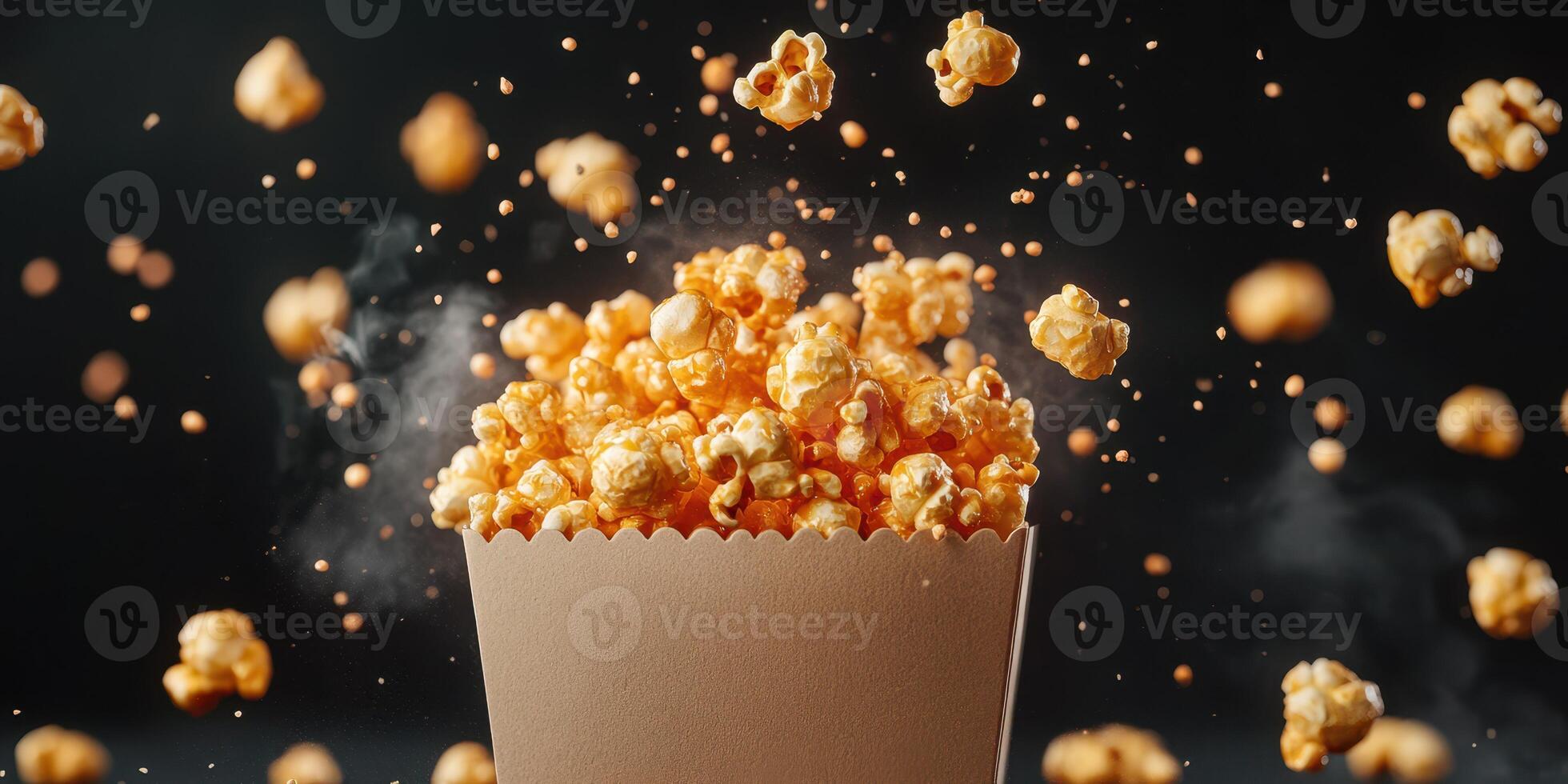 Popcorn bursting out of a container creating a dynamic, playful atmosphere during a movie night celebration photo