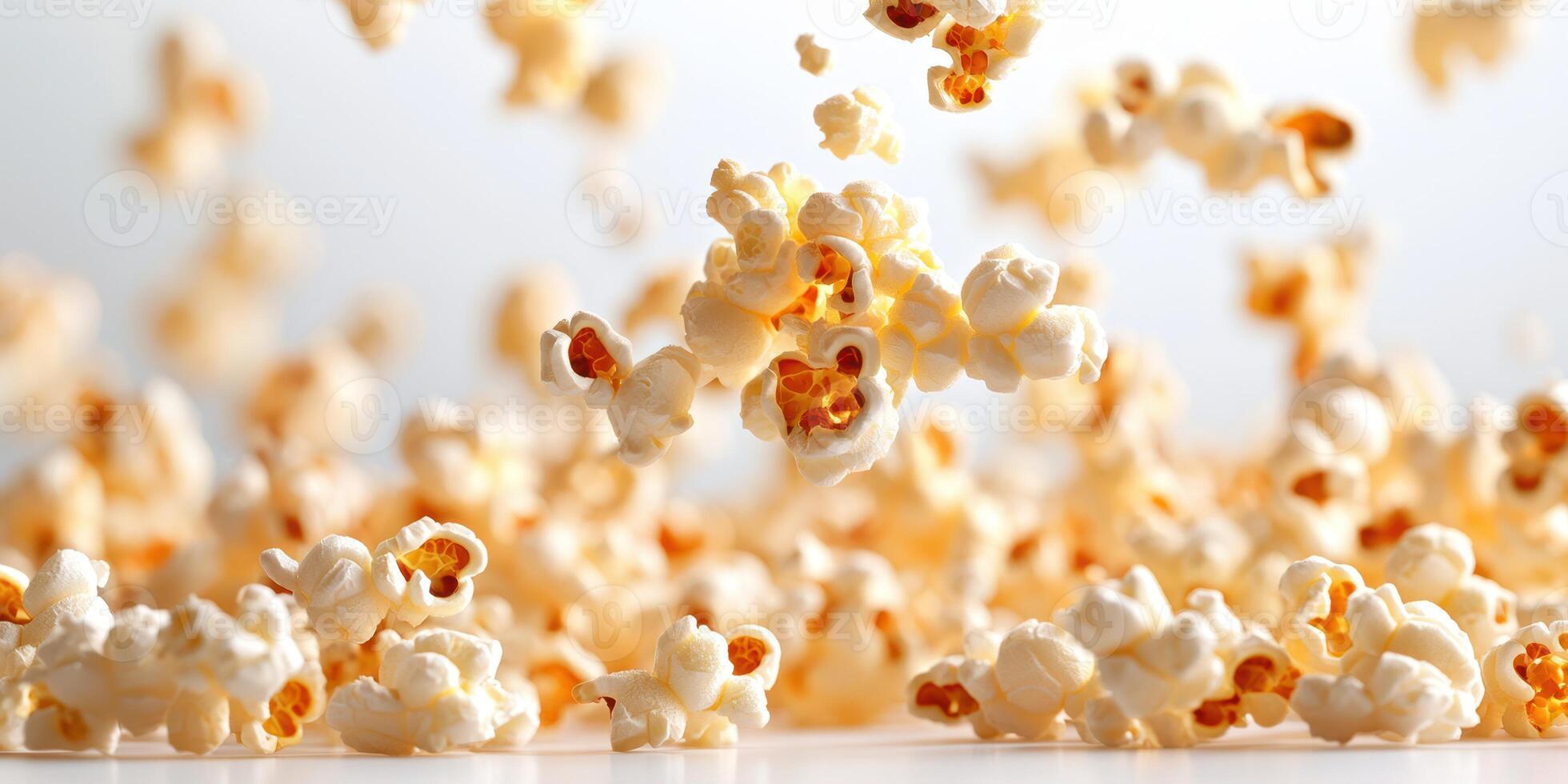Popcorn kernels burst into the air, creating a dynamic display of fluffy snacks in a bright environment photo