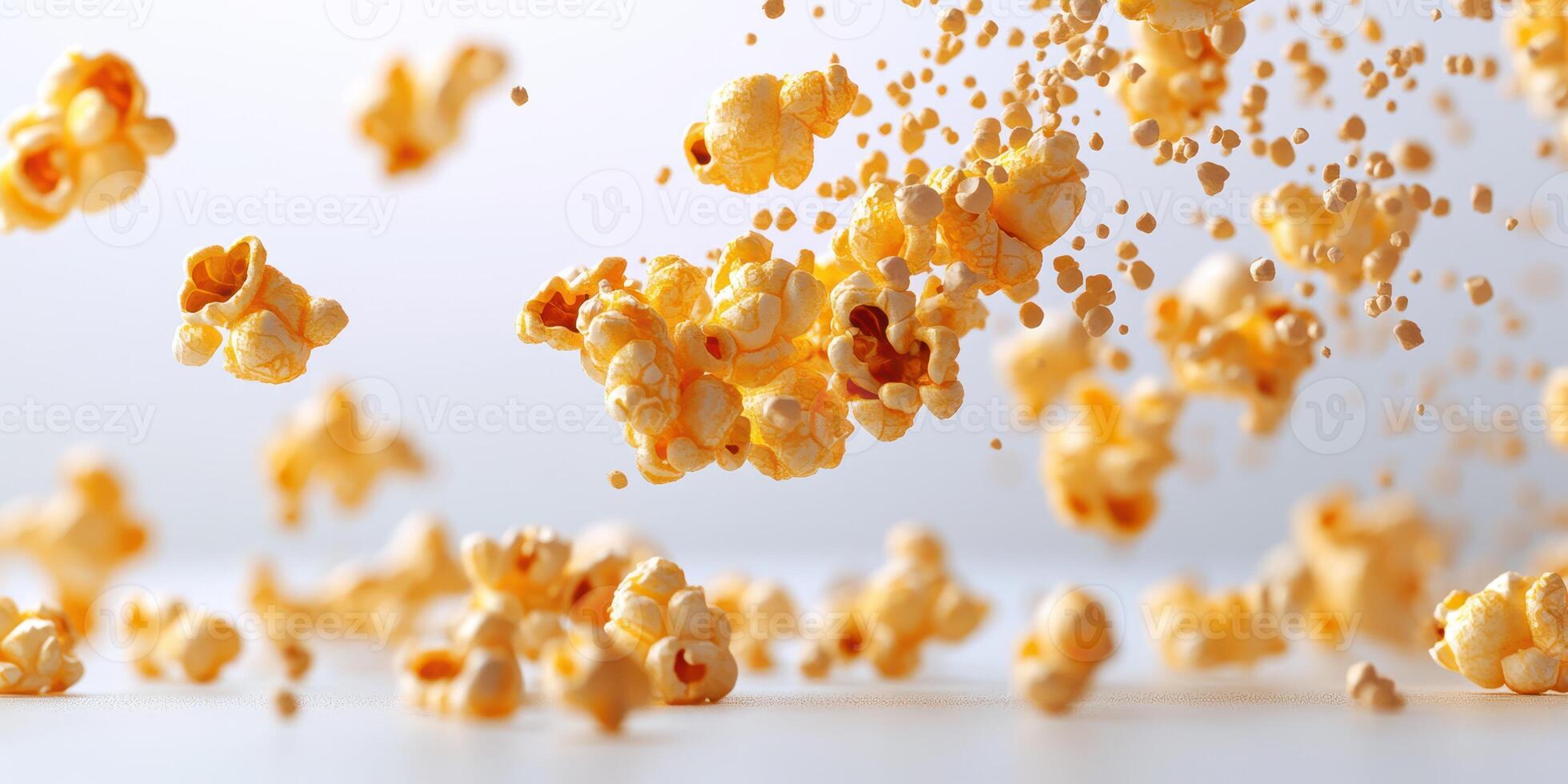 Popcorn kernels flying in the air, capturing movement and texture in a dynamic kitchen setting photo