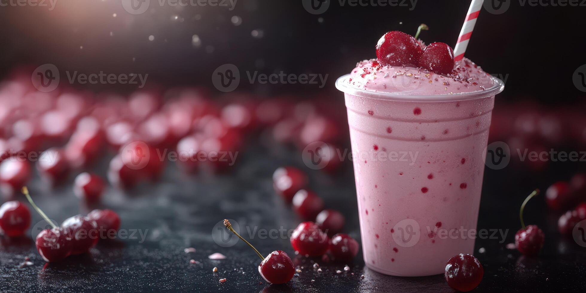 Refreshing cherry milkshake served in a cup with a striped straw surrounded by fresh cherries photo