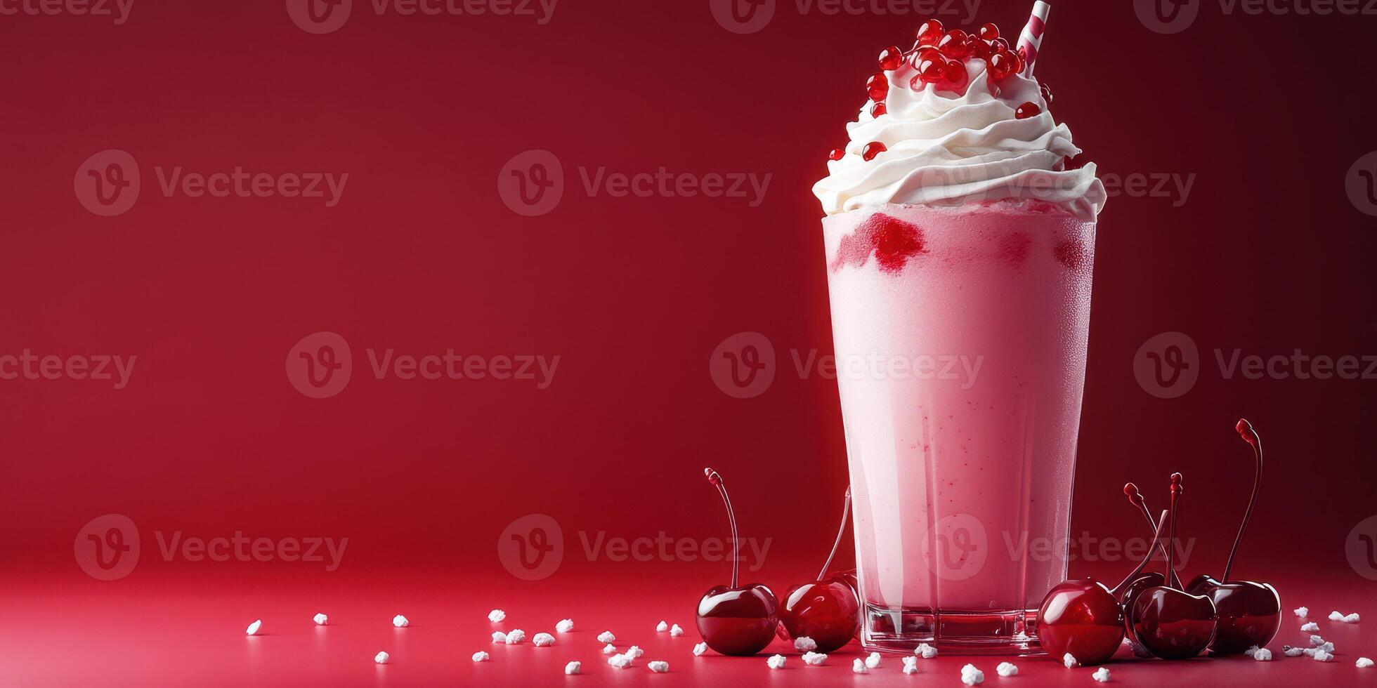 Refreshing cherry milkshake topped with whipped cream and cherries against a bold red background photo