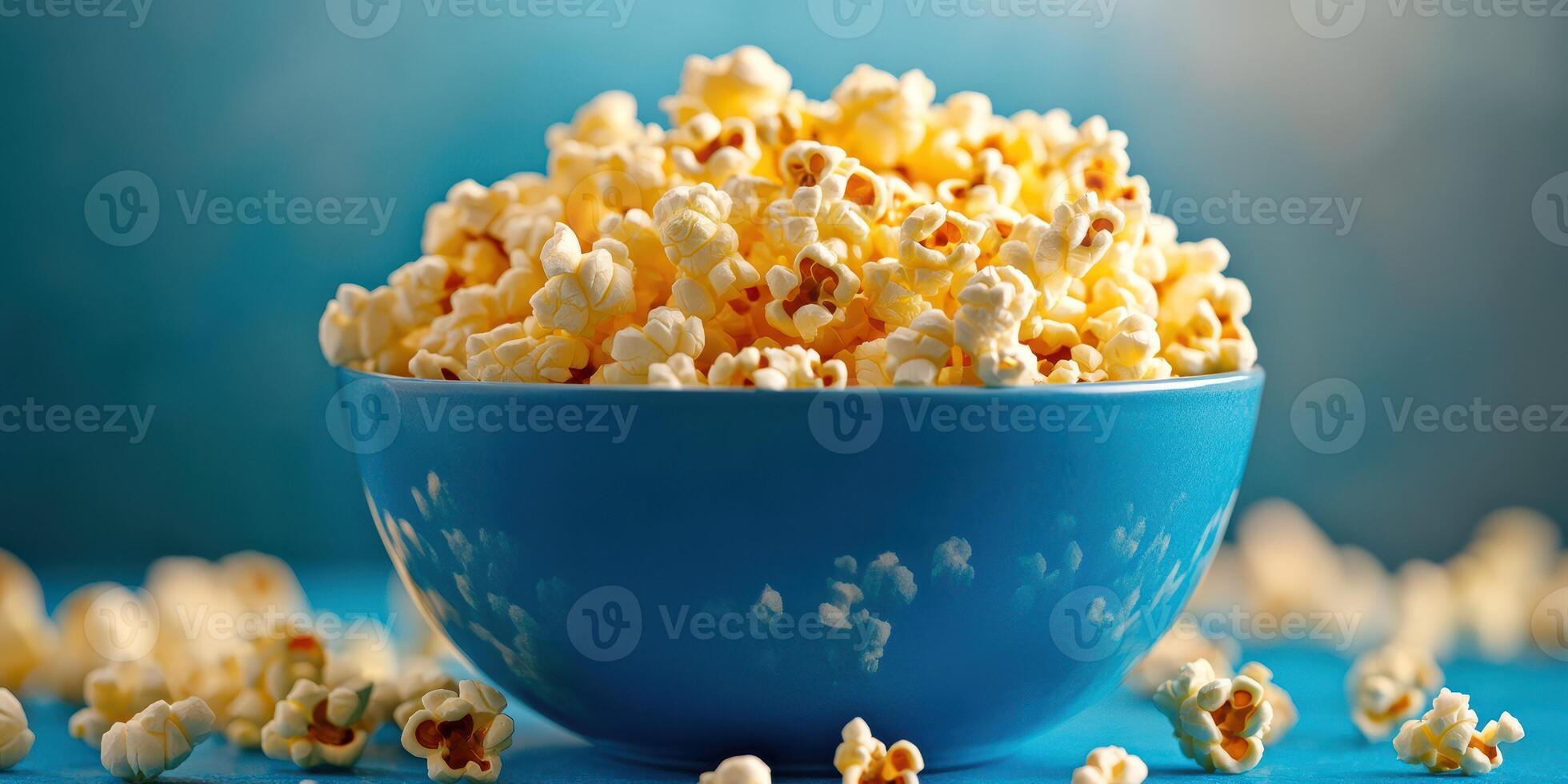 Bowl of freshly popped popcorn on a vibrant blue surface in a cozy setting photo