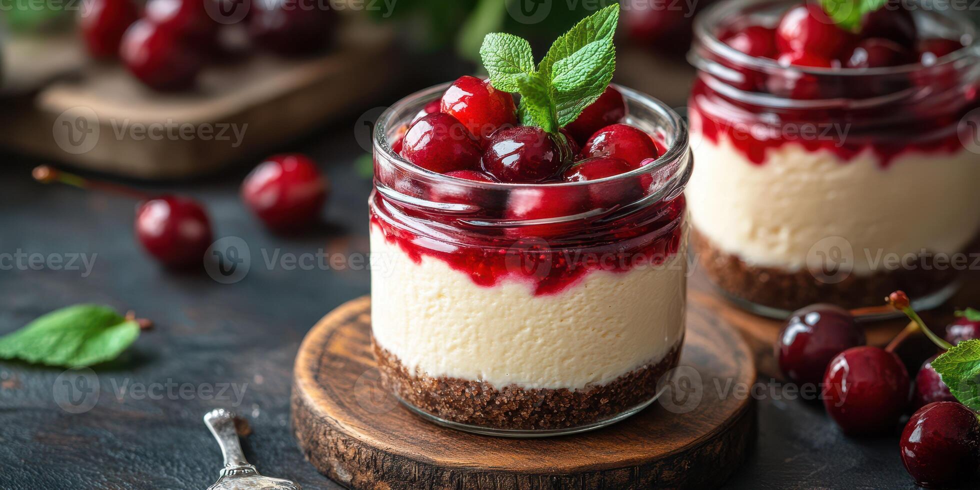 Delicious cherry cheesecake in jars with mint garnish on a rustic wooden background photo