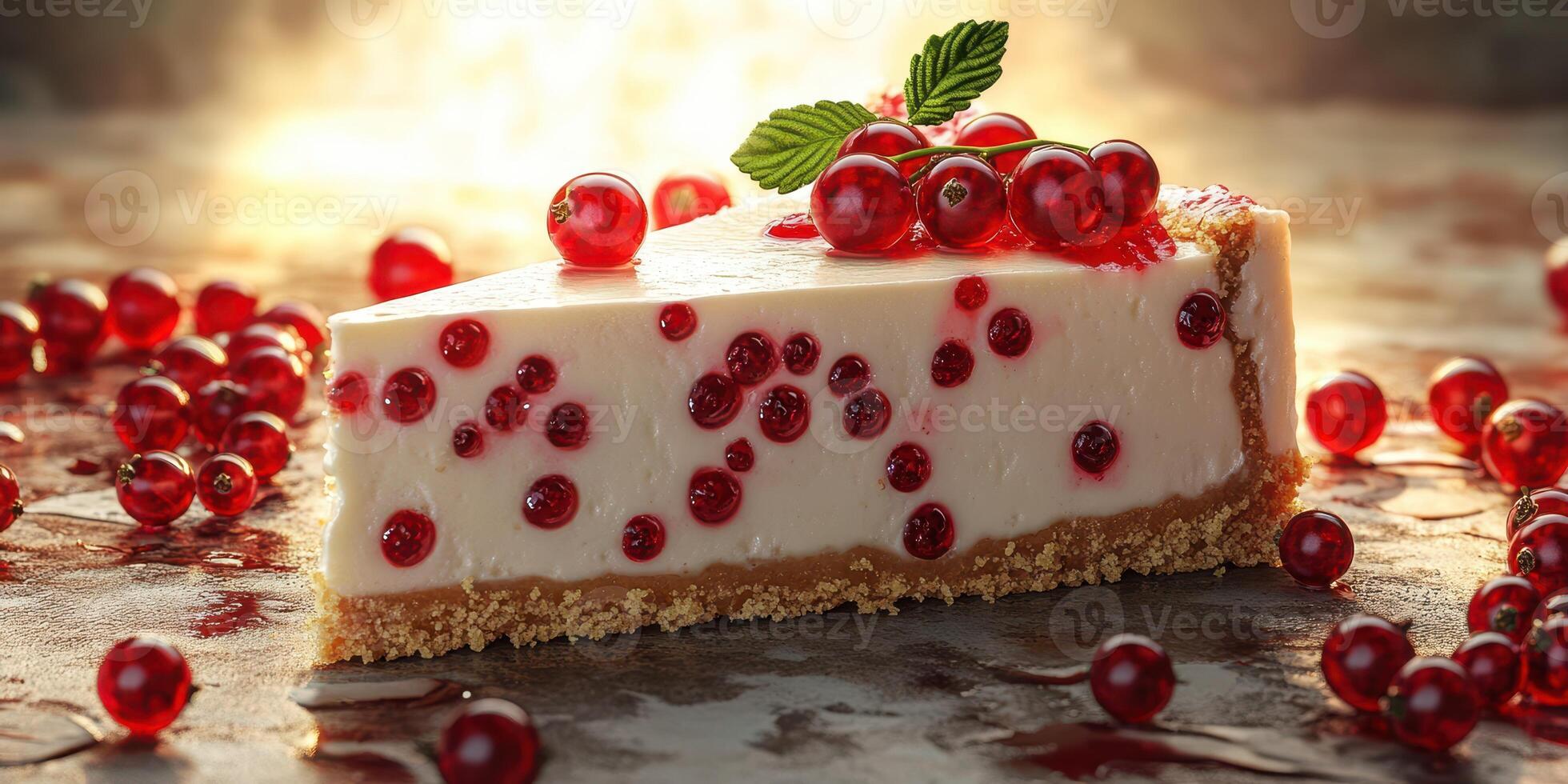 Delicious cream cheese dessert topped with fresh red berries on a rustic table photo