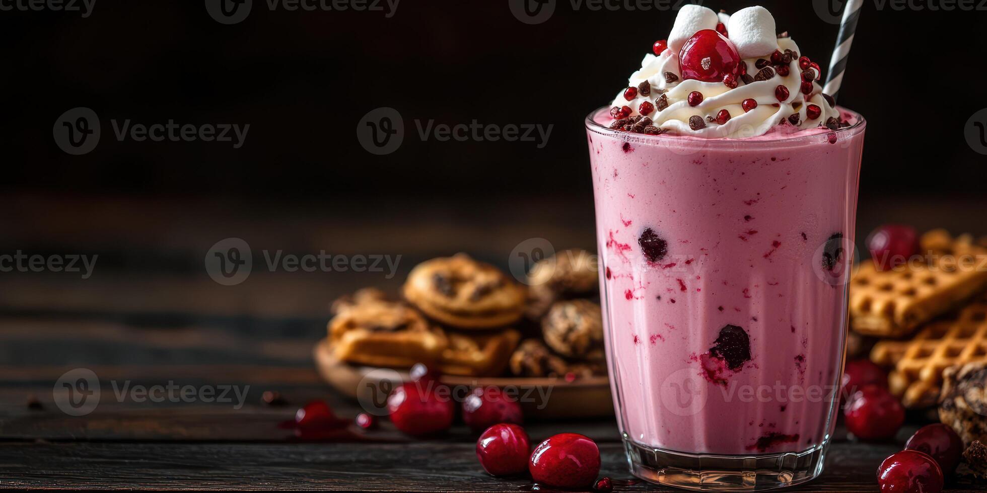 Refreshing dessert beverage with cherries and cookies on a rustic wooden table photo