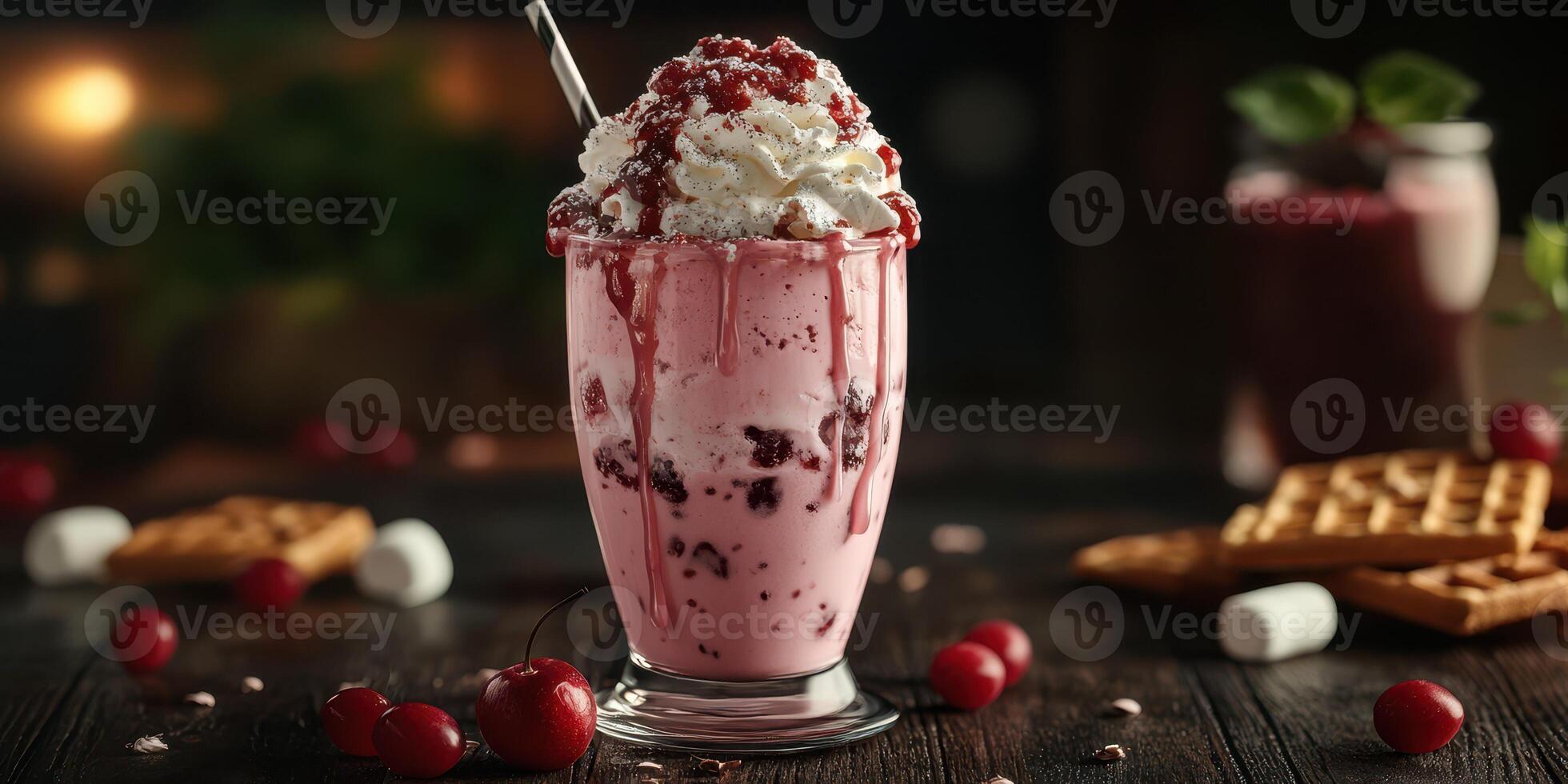 Decadent cherry milkshake served in a tall glass with whipped cream and chocolate toppings at a cozy cafe in the evening photo