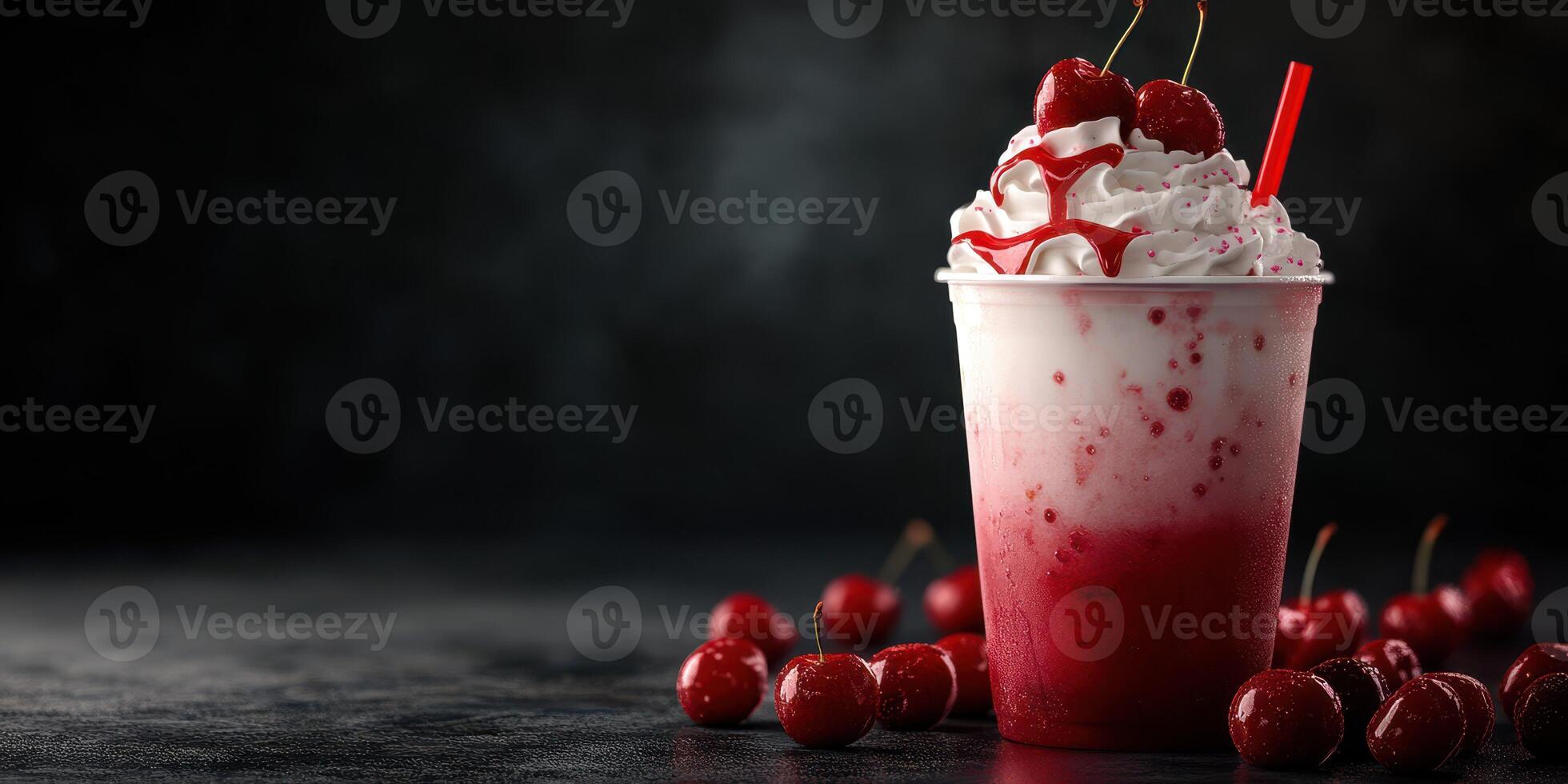 Delicious cherry dessert drink topped with cream and cherries in a striking black background photo
