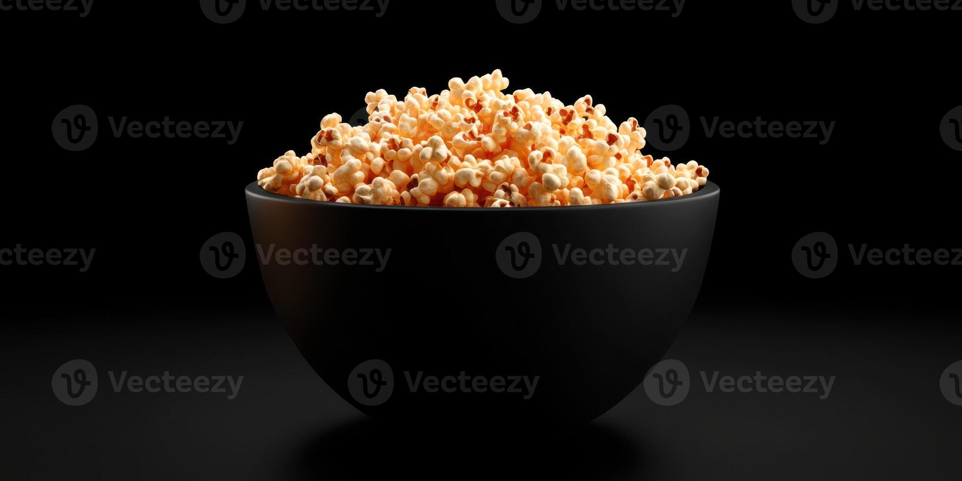 Freshly popped popcorn served in a black bowl against a dark background for movie night enjoyment photo