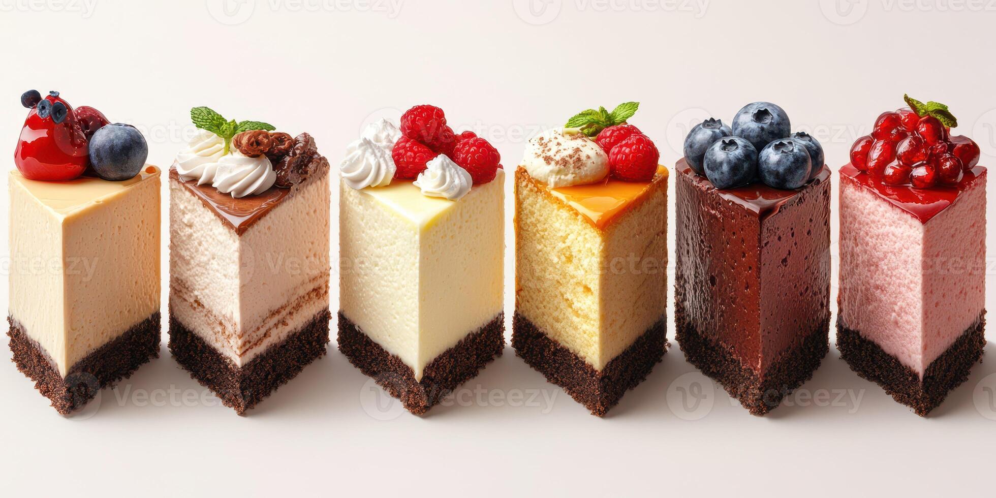 Assortment of decadent cheesecakes with fruit toppings arranged beautifully on a white surface photo