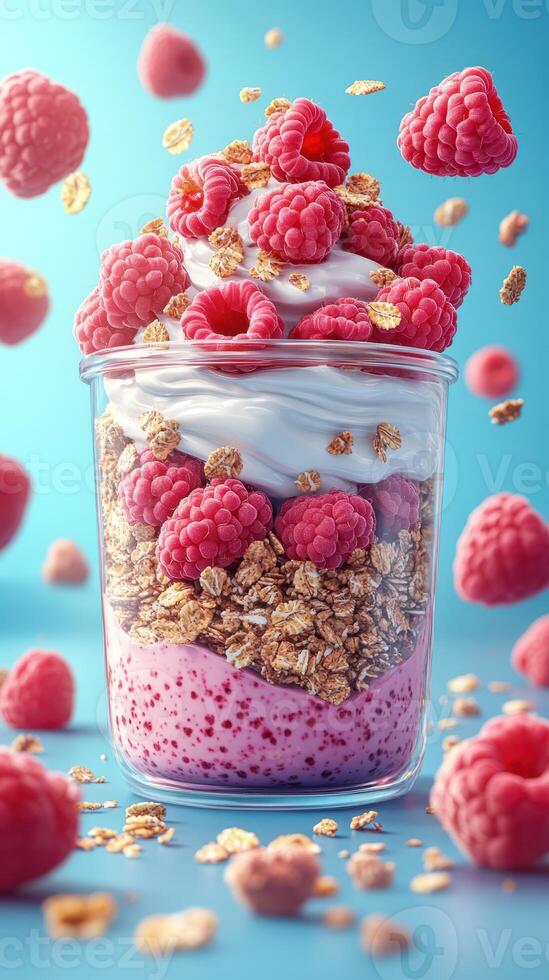 Delicious raspberry parfait served in a clear glass jar with layers of yogurt and granola on a bright blue background photo