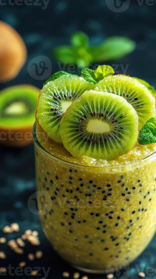 Refreshing kiwi smoothie topped with fresh fruit and mint on a dark background during afternoon light photo