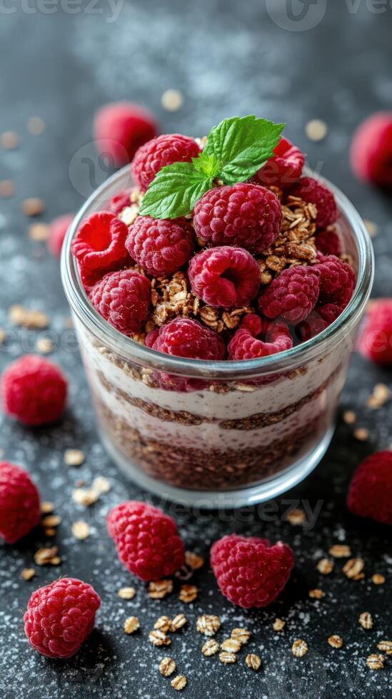 Raspberry parfait with granola and yogurt topped with fresh berries on a dark textured background photo