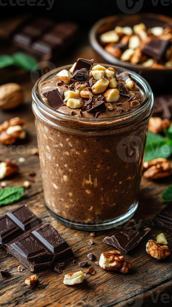 Decadent chocolate walnut smoothie topped with dark chocolate pieces and nuts on rustic wooden table photo