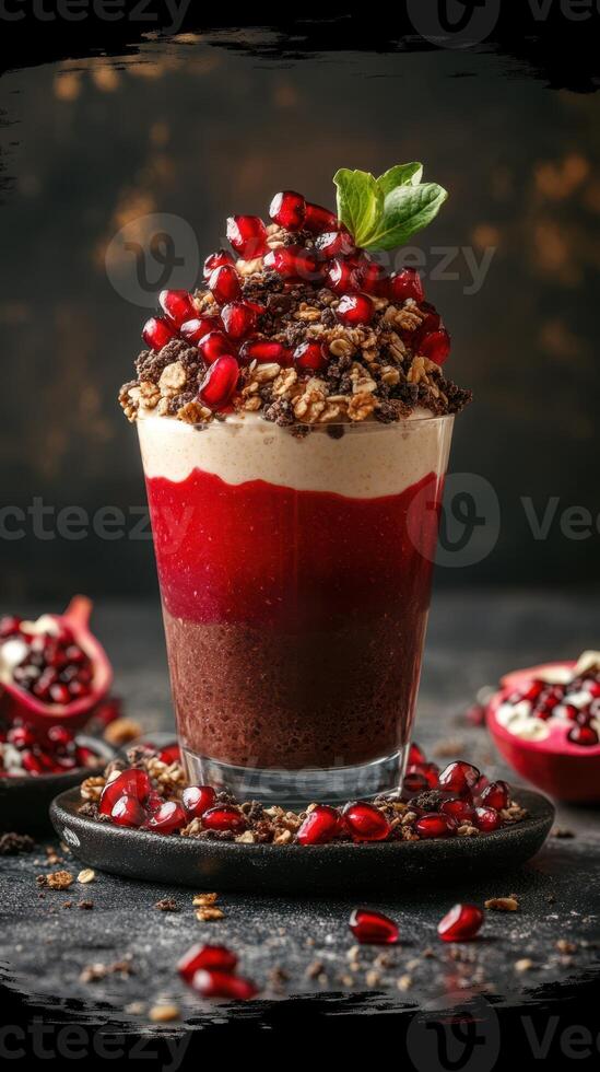 Dessert featuring layers of rich chocolate, creamy vanilla, and vibrant red pomegranate topped with crunchy granola photo