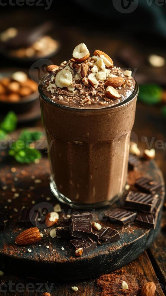 Chocolate almond smoothie served in a glass with nuts and chocolate pieces on a wooden table in a cozy setting photo