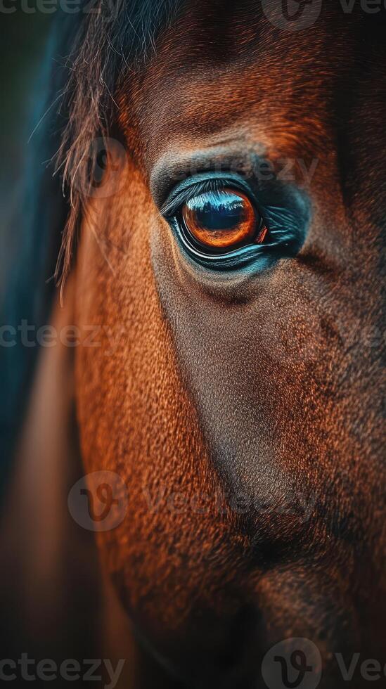 Close-up of a horse's eye capturing the details of its expressive gaze in natural light during the golden hour photo