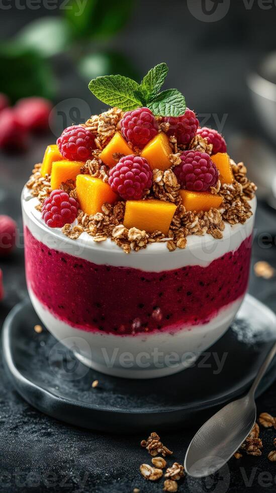 Refreshing yogurt parfait topped with mango, raspberries, and granola served in a stylish bowl photo