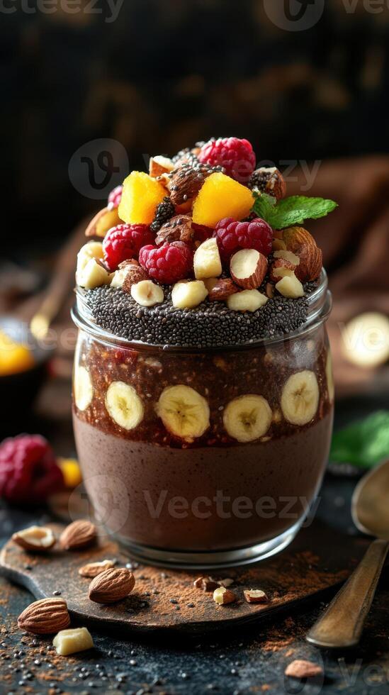 Delicious chocolate chia pudding topped with fresh fruit and nuts in a jar photo