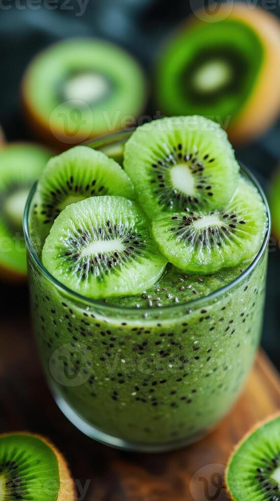 Refreshing kiwi smoothie in a glass garnished with fresh kiwi slices on a wooden surface photo