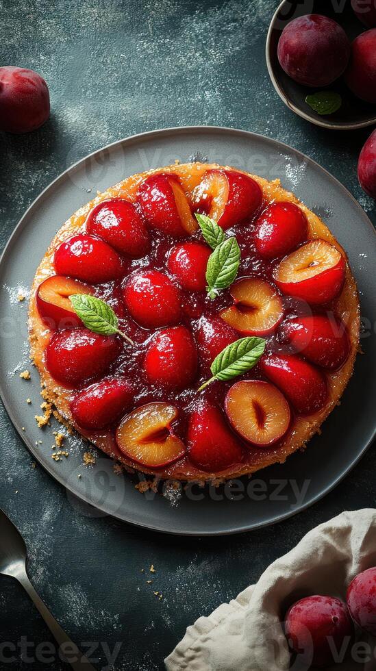 Delicious homemade fruit tart with shiny plums and mint leaves on a dark rustic table photo