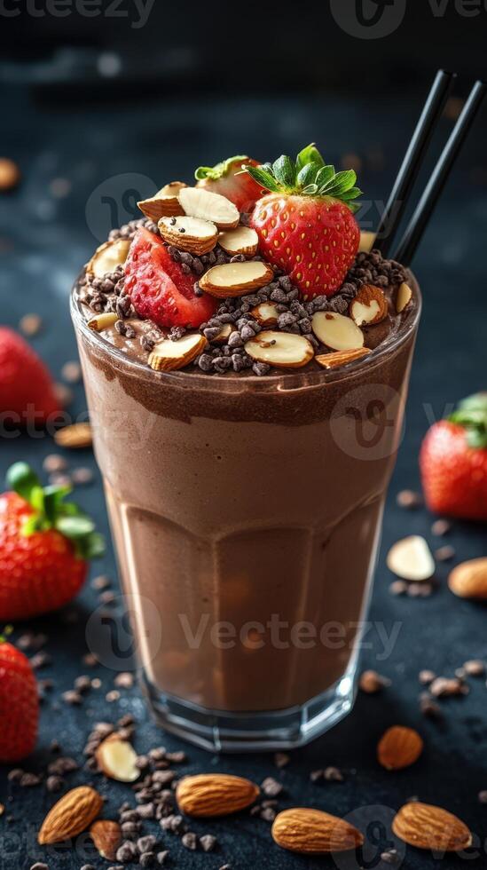 Delicious chocolate smoothie topped with strawberries and almonds perfectly arranged for a tempting treat photo