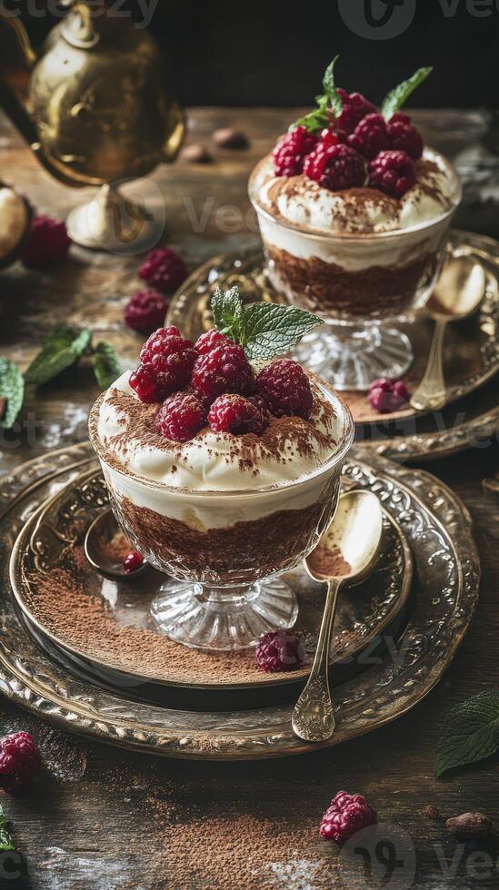 Delicious raspberry desserts served in elegant glass cups with mint on a rustic wooden table photo