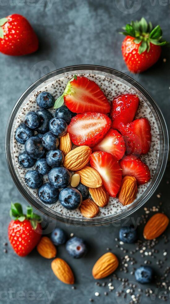 Delicious chia seed pudding topped with fresh strawberries, blueberries, and almonds for a nutritious snack photo