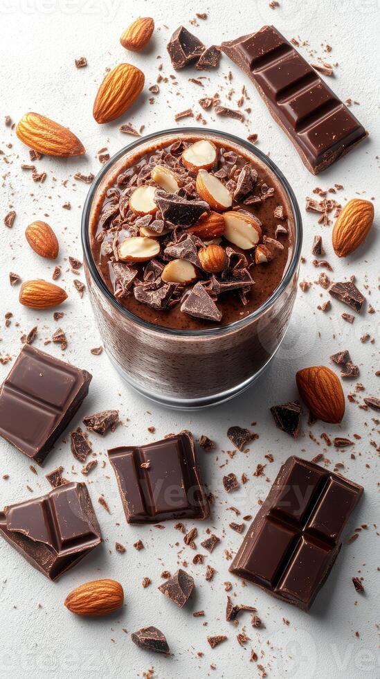 Delicious chocolate mousse topped with almonds and dark chocolate pieces on a light background photo